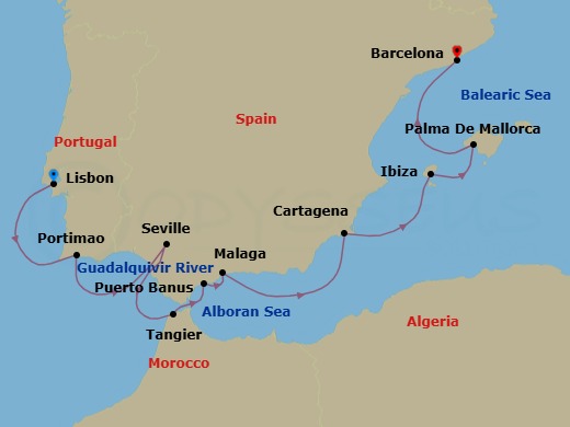 10 Night - Mediterranean Odyssey : Lisbon to Barcelona - Scenic Eclipse II - Starting in Lisbon, Portugal, Portimao, Portugal, Guadalquivir River cruising Seville, Spain, Seville, Spain, Tangier, Morocco, Puerto Banus, Spain / Malaga, Spain, Malaga, Spain, Cartagena ES, Ibiza, Spain, Palma De Mallorca, Spain, Barcelona, Spain itinerary map