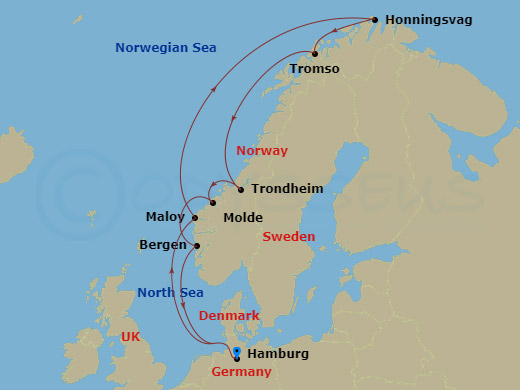 11 Night - Northern Europe - MSC Preziosa - Starting in Hamburg, Germany, Maloy, Norway, Honningsvag (North Cape), Norway, Tromso, Norway, Trondheim, Norway, Molde, Norway, Bergen, Norway, Hamburg, Germany itinerary map