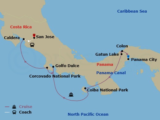 7 Night - Costa Rica and the Panama Canal - National Geographic Quest - Starting in Panama City, Panama / Colon / Embark Ship, Gatun Lake / Panama Canal Transit, Gulf of Panama Islets, Coiba National Park, Panama, Golfo Dulce / Osa Peninsula, Corcovado National Park, Puerto Caldera / Disembark Ship / San Jose itinerary map