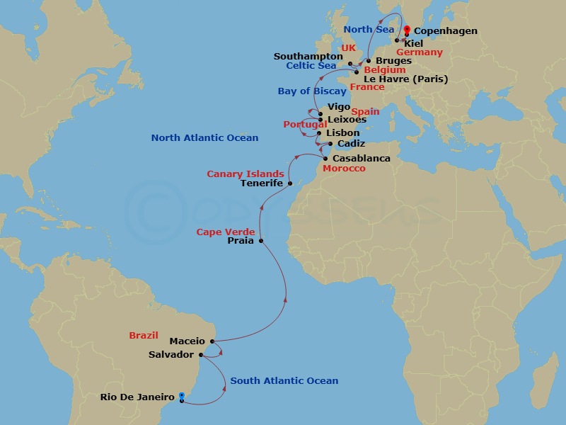 Costa Diadema - 26 Night - Transatlantic from Rio De Janeiro - Costa Diadema - Starting in Rio De Janeiro, Salvador Bahia, Maceio, Praia, Santa Cruz de Tenerife, Casablanca,.. itinerary map