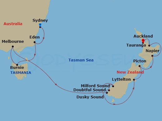 NCL Norwegian Spirit Cruise Tours - 15 Night - Sydney City Highlights Pre Cruisetour - NCL Norwegian Spirit Cruise Tours - Starting in At Hotel, Sydney AU, Eden, Australia, Burnie, Tasmania, Aus.. itinerary map