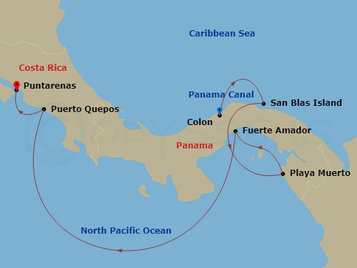 Le Champlain - 7 Night - Panama and Costa Rica by Sea : the Natural Wonders of Central America - with Smithsonian Journeys - Le Champlain - Starting in Colon, San Blas Islan.. itinerary map
