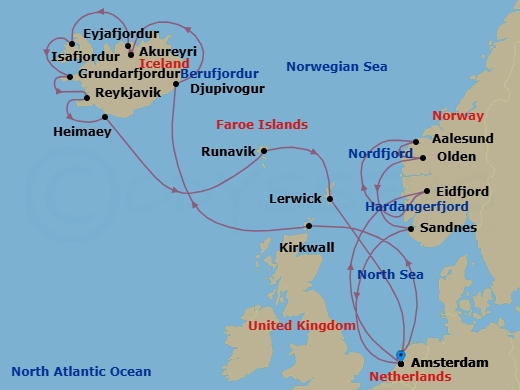 21 Night - Iceland & Norwegian Fjords - Zuiderdam - Starting in Amsterdam, the Netherlands, Kirkwall, Scotland, United Kingdom, Djupivogur, Iceland, Scenic cruising Berufjordur, Akureyri, Iceland, Scenic cruising Eyjafjordur, Isafjordur, Iceland, Scenic Cruising Isafjardurdjur, Grundarfjordur, Iceland, Reykjavik, Iceland, Heimaey, Westman Islands, Iceland, Runavik, Faroe Islands, Lerwick, Shetland Islands, United Kingdom, Amsterdam, the Netherlands, Eidfjord, Norway, Scenic cruising Hardangerfjord, Alesund, Norway, Olden, Norway, Scenic Cruising Nordfjord, Sandnes (Stavanger), Norway, Amsterdam, the Netherlands itinerary map