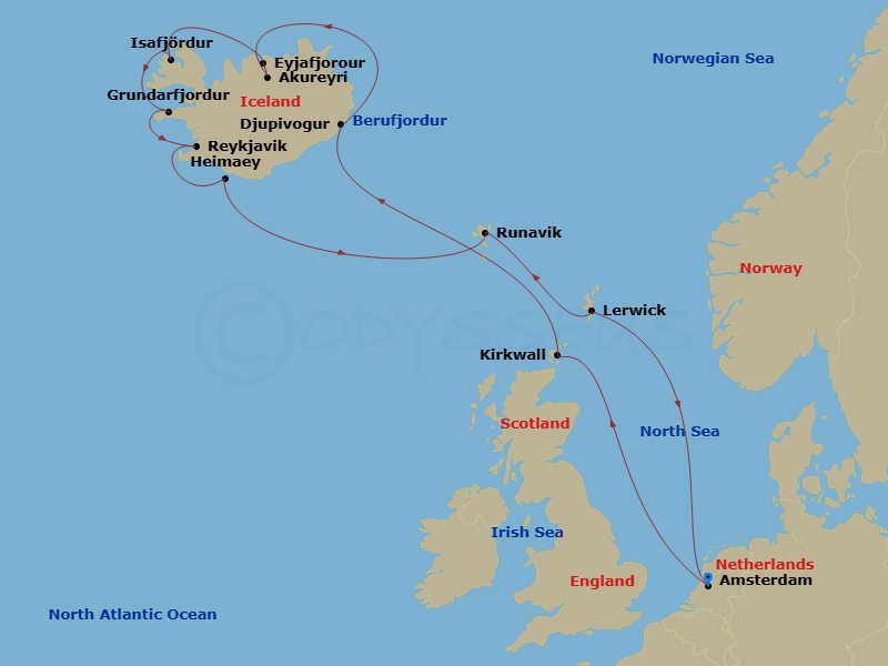 HAL Zuiderdam - 14 Night - Icelandic Fjords & Celtic Origins - HAL Zuiderdam - Starting in Amsterdam, the Netherlands, Kirkwall, Scotland, United Kingdom, Djupivogur, Iceland.. itinerary map