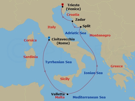 7 Night - Italy, Malta and Adriatic - Queen Elizabeth - Starting in Civitavecchia (tours to Rome), Italy, Valletta, Malta, Split, Croatia, Zadar, Croatia, Trieste, Italy itinerary map