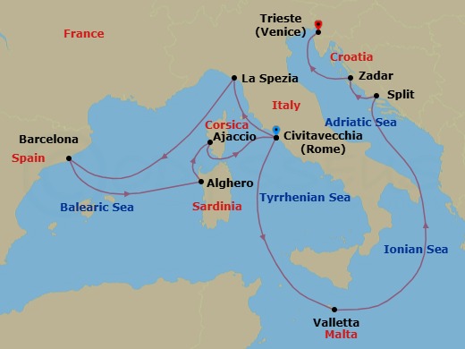 14 Night - Mediterranean and Adriatic - Queen Elizabeth - Starting in Civitavecchia (tours to Rome), Italy, La Spezia (tours to Florence or Pisa), Italy, Barcelona, Spain, Alghero, Sardinia, Italy, Ajaccio, Corsica, France, Civitavecchia (tours to Rome), Italy, Valletta, Malta, Split, Croatia, Zadar, Croatia, Trieste, Italy itinerary map