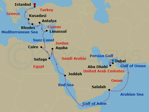 21 Night - Emirates & Sultanates - Oceania Nautica - Starting in Dubai, Abu Dhabi, Salalah, Jeddah, Aqaba, Luxor (Safaga), Suez Canal (Transit), Cairo (Port Said), Limassol, Antalya, Rhodes, Ephesus (Kusadasi), Istanbul itinerary map