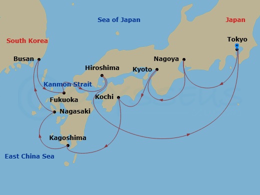 10 Night - Japanese Dawn - Oceania Nautica - Starting in Tokyo, Nagoya, Kyoto (Kobe), Kochi, Kagoshima, Nagasaki, Busan, Fukuoka (Hakata), Hiroshima, Tokyo itinerary map