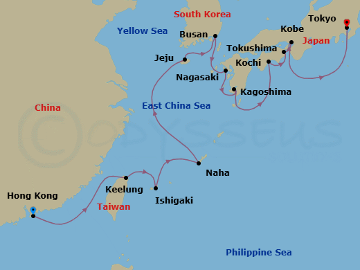 14 Night - Timeless Tea Gardens - Oceania Nautica - Starting in Hong Kong, Taipei (Keelung), Ishigaki, Okinawa (Naha), Jeju, Busan, Nagasaki, Kagoshima, Kochi, Tokushima, Kyoto (Kobe), Tokyo itinerary map
