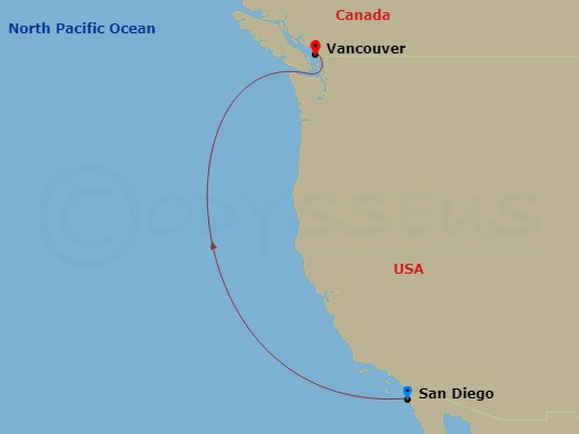 Disney Wonder - 4 Night - Pacific Coast Cruise from San Diego Ending in Vancouver - Disney Wonder - Starting in San Diego, Vancouver itinerary map
