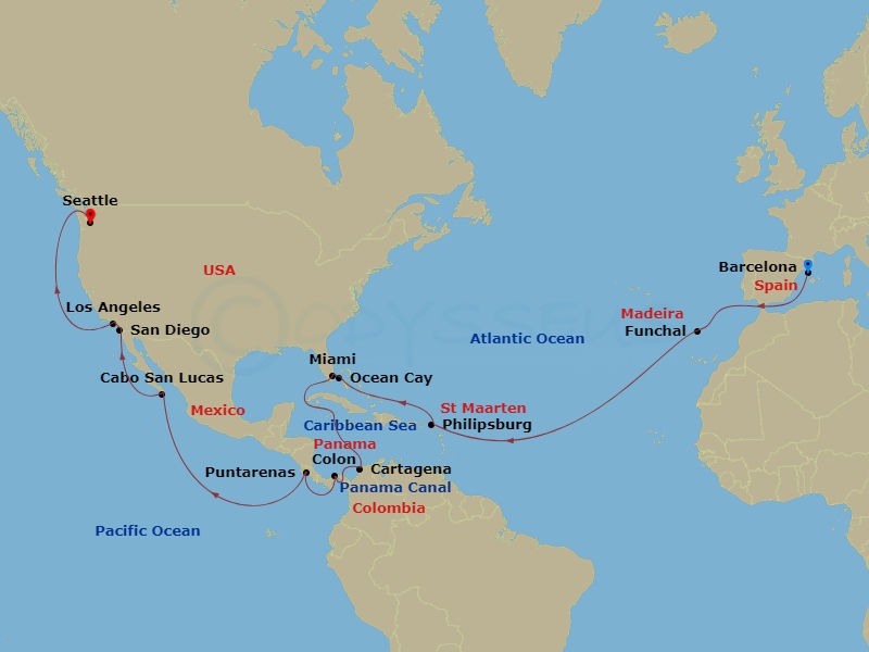 32 Night - Msc Grand Voyages - MSC Poesia - Starting in Barcelona, Spain, Funchal (Madeira Islands), Portugal, Philipsburg, St Maarten, Ocean Cay Msc Marine Reserve, Bahamas, Miami, Florida, Cartagena CO, Colon, Panama, Cruising Panama Canal, Puntarenas (San Jose), Costa Rica, Cabo San Lucas, San Diego, Los Angeles, Seattle, Washington itinerary map