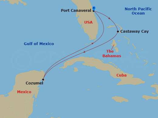 Disney Fantasy - 5 Night - Very Merrytime Western Caribbean Cruise from Port Canaveral - Disney Fantasy - Starting in Port Canaveral, Castaway Cay, Cozumel, Mexico, Port Canav.. itinerary map