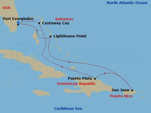 Disney Dream - 7 Night - Very Merrytime Eastern Caribbean Cruise from Fort Lauderdale - Disney Dream - Starting in Port Everglades, Disney Lookout Cay, San Juan, Puerto Plat.. itinerary map