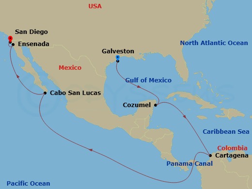 Disney Magic - 14 Night - Westbound Panama Canal Cruise from Galveston Ending in San Diego - Disney Magic - Starting in Galveston, Cozumel, Mexico, Cartagena ES, Panama Cana.. itinerary map