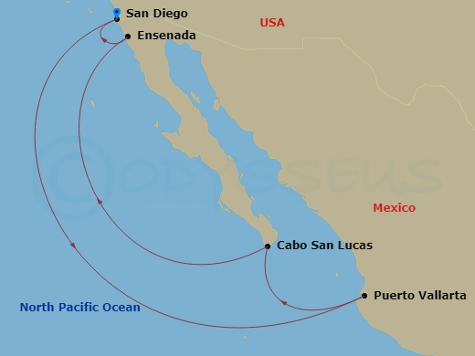 Disney Wonder - 7 Night - Halloween On the High Seas Mexican Riviera Cruise from San Diego - Disney Wonder - Starting in San Diego, Puerto Vallarta, Cabo San Lucas, Ensenada,.. itinerary map