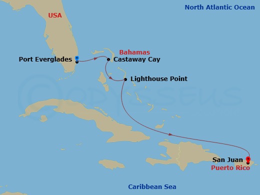 Disney Dream - 4 Night - Eastern Caribbean Cruise from Fort Lauderdale to San Juan - Disney Dream - Starting in Port Everglades, Castaway Cay, Disney Lookout Cay, San Juan itinerary map