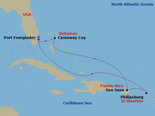 Disney Dream - 7 Night - Eastern Caribbean Cruise from Fort Lauderdale - Disney Dream - Starting in Port Everglades, Philipsburg, St Maarten, San Juan, Castaway Cay, Port Ev.. itinerary map
