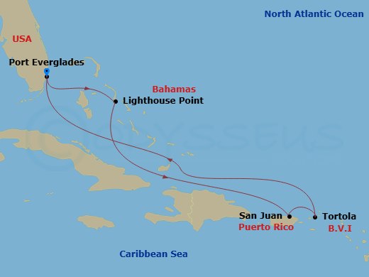 Disney Dream - 7 Night - Eastern Caribbean Cruise from Fort Lauderdale - Disney Dream - Starting in Port Everglades, Disney Lookout Cay, San Juan, Tortola, Port Everglades itinerary map
