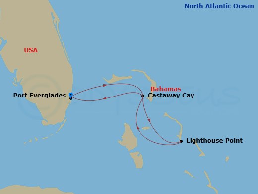 Disney Dream - 6 Night - Very Merrytime Bahamian Cruise from Fort Lauderdale - Disney Dream - Starting in Port Everglades, Castaway Cay, Disney Lookout Cay, Castaway Cay, Po.. itinerary map