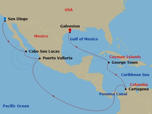 Disney Magic - 14 Night - Eastbound Panama Canal Cruise from San Diego Ending in Galveston - Disney Magic - Starting in San Diego, Cabo San Lucas, Puerto Vallarta, Panama Ca.. itinerary map
