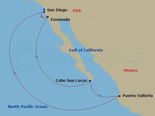 Disney Wonder - 7 Night - Very Merrytime Mexican Riviera Cruise from San Diego - Disney Wonder - Starting in San Diego, Ensenada, Cabo San Lucas, Puerto Vallarta, San Diego itinerary map
