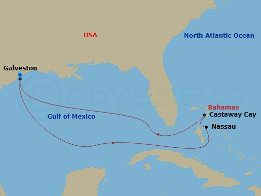 Disney Magic - 7 Night - Bahamian Cruise from Galveston - Disney Magic - Starting in Galveston, Nassau, Castaway Cay, Galveston itinerary map
