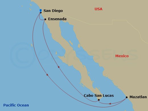 Disney Wonder - 7 Night - Very Merrytime Mexican Riviera Cruise from San Diego - Disney Wonder - Starting in San Diego, Mazatlan, Cabo San Lucas, Ensenada, San Diego itinerary map
