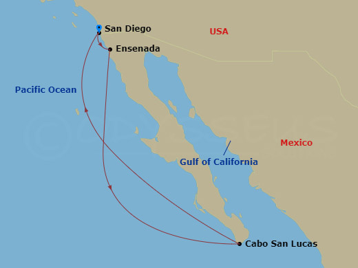 Disney Wonder - 6 Night - Very Merrytime Mexican Riviera Cruise from San Diego - Disney Wonder - Starting in San Diego, Ensenada, Cabo San Lucas, San Diego itinerary map