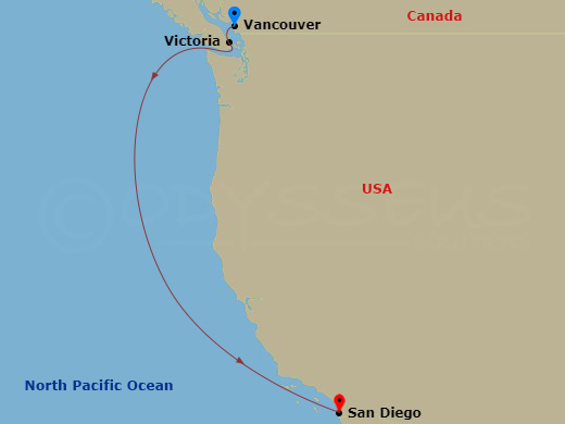 Disney Wonder - 5 Night - Pacific Coast Cruise from Vancouver Ending in San Diego - Disney Wonder - Starting in Vancouver, Victoria CA, San Diego itinerary map