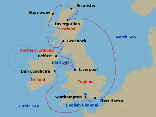 12 Night - Enchanted Scotland - Seven Seas Splendor - Starting in London (Southampton), Cruising the North Sea, Edinburgh (Newhaven), Invergordon, United Kingdom, Scrabster Harbour, Stornoway (Hebrides), Cruising the Atlantic Ocean, Glasgow (Greenock), Belfast, Liverpool, Dun Laoghaire, Cruising the Celtic Sea, London (Southampton) itinerary map
