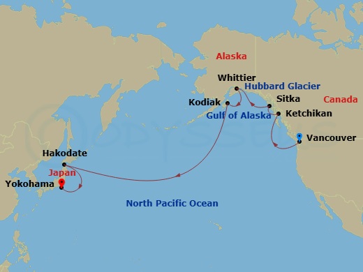 NCL Norwegian Jade - 16 Night - Transpacific - NCL Norwegian Jade - Starting in Vancouver, Canada, Ketchikan (Ward Cove), Ak, Sitka, Ak, Cruise Hubbard Glacier, Ak, Whittier, Ak,.. itinerary map