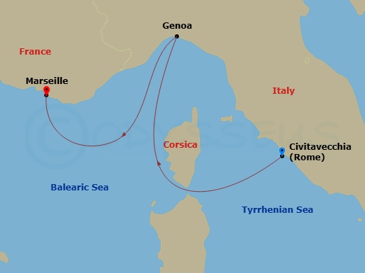 MSC Poesia - 2 Night - Msc Grand Voyages - MSC Poesia - Starting in Civitavecchia (Rome), Italy, Genoa (Portofino), Italy, Marseille (Provence), France itinerary map