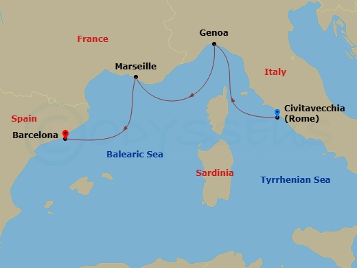 MSC Poesia - 3 Night - Msc Grand Voyages - MSC Poesia - Starting in Civitavecchia (Rome), Italy, Genoa (Portofino), Italy, Marseille (Provence), France, Barcelona, Spain itinerary map