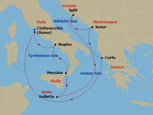 Enchanted Princess - 10 Night - Mediterranean with Italy & Croatia - Enchanted Princess - Starting in Civitavecchia (for Rome), Italy, Naples, Italy (for Capri and Pompeii), Sicil.. itinerary map