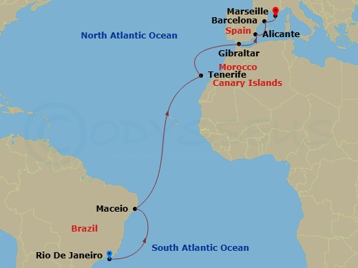 MSC Seaview - 15 Night - Rio - MSC Seaview - Starting in Rio De Janeiro, Brazil, Maceio, Brazil, Santa Cruz de Tenerife, Gibraltar, Alicante, Spain, Barcelona, Spain, Marse.. itinerary map