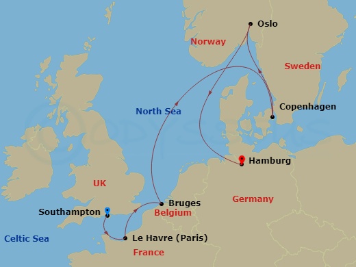 7 Night - Msc Grand Voyages - MSC Preziosa - Starting in Southampton (London), United Kingdom, Le Havre (Paris), France, Zeebrugge (Bruges), Belgium, Copenhagen, Denmark, Oslo, Norway, Hamburg, Germany itinerary map