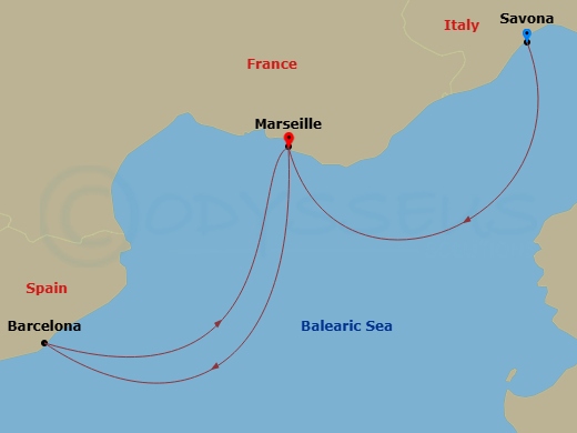 Costa Toscana - 3 Night - Western Mediterranean from Savona - Costa Toscana - Starting in Savona, Marseille, Barcelona, Marseille itinerary map