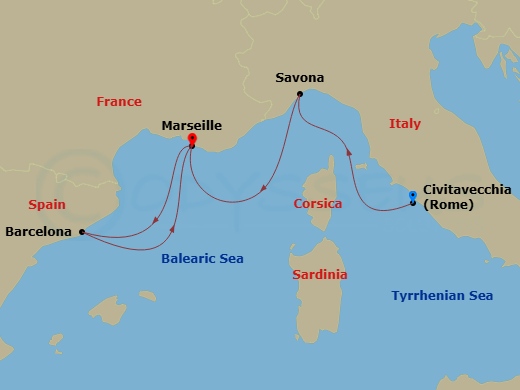 Costa Toscana - 4 Night - Western Mediterranean from Civitavecchia - Costa Toscana - Starting in Civitavecchia, Savona, Marseille, Barcelona, Marseille itinerary map