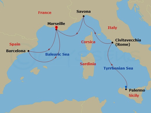 Costa Toscana - 5 Night - Western Mediterranean from Palermo - Costa Toscana - Starting in Palermo, Civitavecchia, Savona, Marseille, Barcelona, Marseille itinerary map