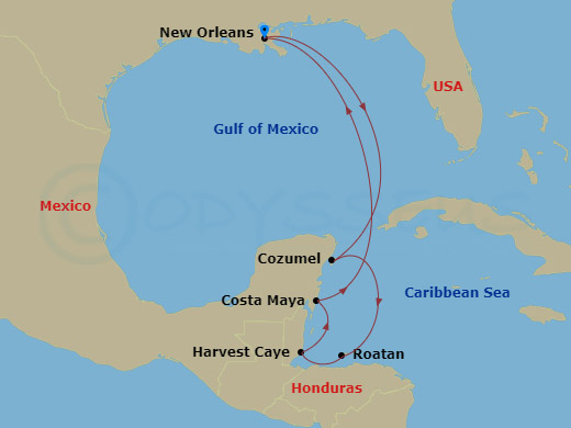 NCL Norwegian Breakaway Cruise Tours - 9 Night - Historic New Orleans Pre Cruisetour - NCL Norwegian Breakaway Cruise Tours - Starting in At Hotel, New Orleans, La, Cozumel, Mexico, Roatan Bay Isla.. itinerary map