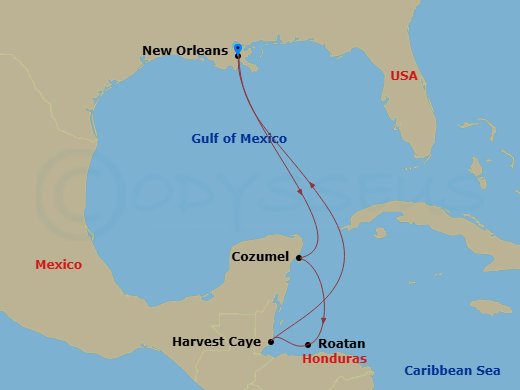 NCL Norwegian Breakaway Cruise Tours - 9 Night - Historic New Orleans Pre Cruisetour - NCL Norwegian Breakaway Cruise Tours - Starting in At Hotel, New Orleans, La, Cozumel, Mexico, Roatan Bay Isla.. itinerary map