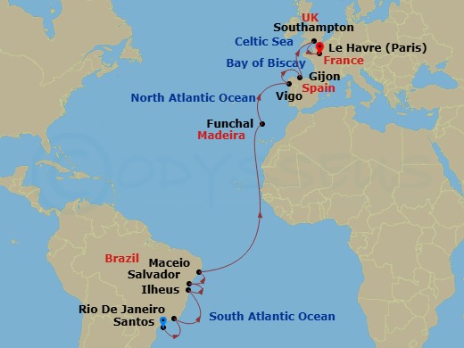 MSC Preziosa - 18 Night - Msc Grand Voyages - MSC Preziosa - Starting in Santos (Sao Paulo), Brazil, Rio De Janeiro, Brazil, Ilheus, Brazil, Salvador, Brazil, Maceio, Brazil.. itinerary map