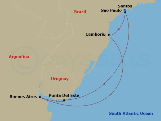 MSC Preziosa - 7 Night - South America - MSC Preziosa - Starting in Santos (Sao Paulo), Brazil, Camboriu, Brazil, Buenos Aires, Argentina, Punta Del Este, Uruguay, Santos (S.. itinerary map