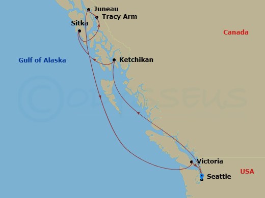 MSC Poesia - 7 Night - Alaska - MSC Poesia - Starting in Seattle, Washington, Ketchikan, Alaska, Sitka, Alaska, Cruising Tracy Arm Fjord, Alaska, Juneau, Alaska, Victoria.. itinerary map