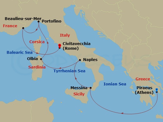 Crystal Serenity - 9 Night - Europe & Mediterranean - Crystal Serenity - Starting in Athens (Piraeus), Messina, Naples, Olbia (Sardinia), Portofino, Villefranche, Toulon, Civita.. itinerary map