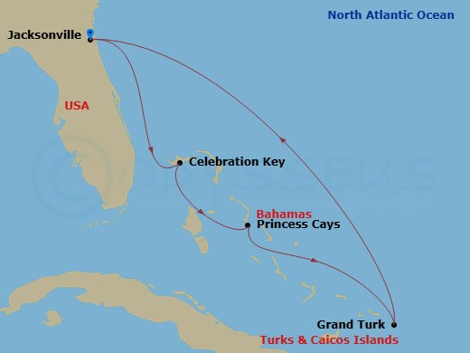Carnival Elation - 7 Night - Eastern Caribbean - Carnival Elation - Starting in Jacksonville, FL, Celebration Key, the Bahamas, Princess Cays, the Bahamas, Grand Turk, Jacksonvi.. itinerary map