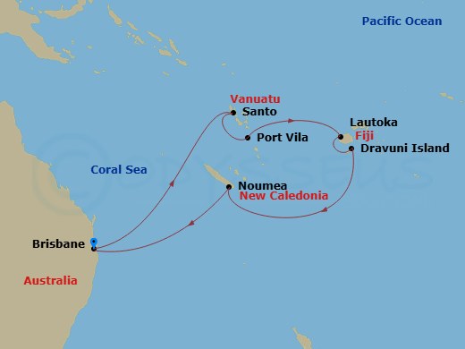 Carnival Luminosa - 11 Night - Fiji & South Pacific - Carnival Luminosa - Starting in Brisbane, Australia, Santo, Vanuatu, Vila, Vanuatu, Lautoka, Fiji, Dravuni Island, Fiji, Nou.. itinerary map