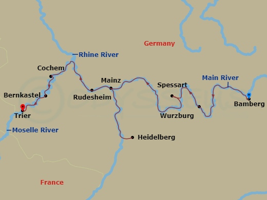 7 Night - A Tale of Three Rivers - Viking Alsvin - Starting in Bamberg, Scenic Sailing Main River, Wurzburg, Heidelberg, Mainz, Rudesheim, Middle Rhine Scenic Sailing, Cochem, Bernkastel, Trier itinerary map