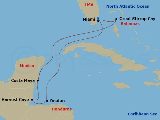 NCL Norwegian Encore - 7 Night - Western Caribbean - Miami - NCL Norwegian Encore - Starting in Miami, Fl, Roatan Bay Islands, Honduras, Harvest Caye, Belize, Costa Maya, Mexico, Gr.. itinerary map