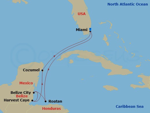 NCL Norwegian Encore - 7 Night - Western Caribbean - Miami - NCL Norwegian Encore - Starting in Miami, Fl, Roatan Bay Islands, Honduras, Belize City, Belize, Harvest Caye, Belize, C.. itinerary map
